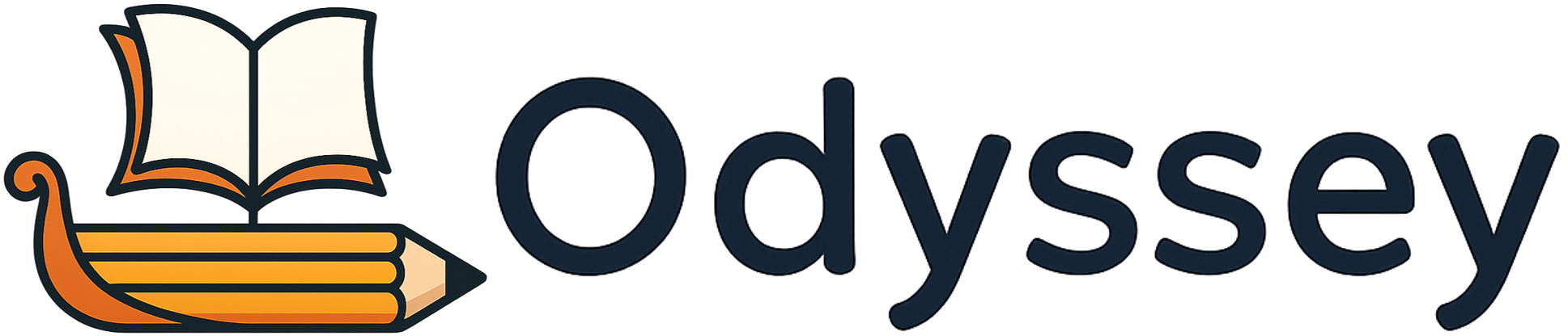 Logo featuring a ship made of a pencil with an open book as its sail followed by the word Odyssey.